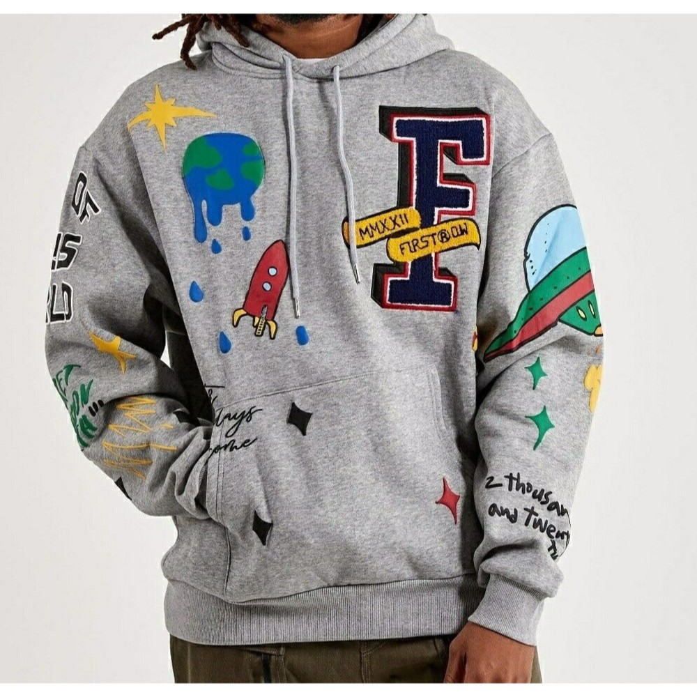 First Row Men's Embroidered Bird Grey Pullover Hoodie New.